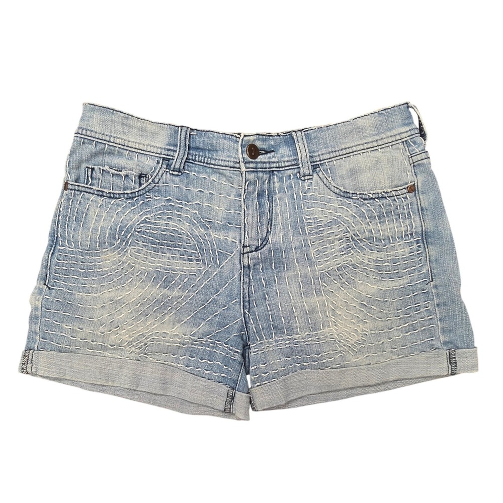 Pilcro Denim Shorts Womens 25 Blue Sashiko Embroidered Cuffed Jean Boho Indie
